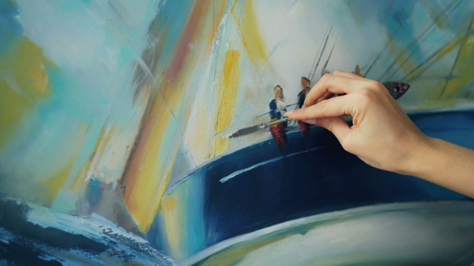 An artist is painting a boat on canvas.