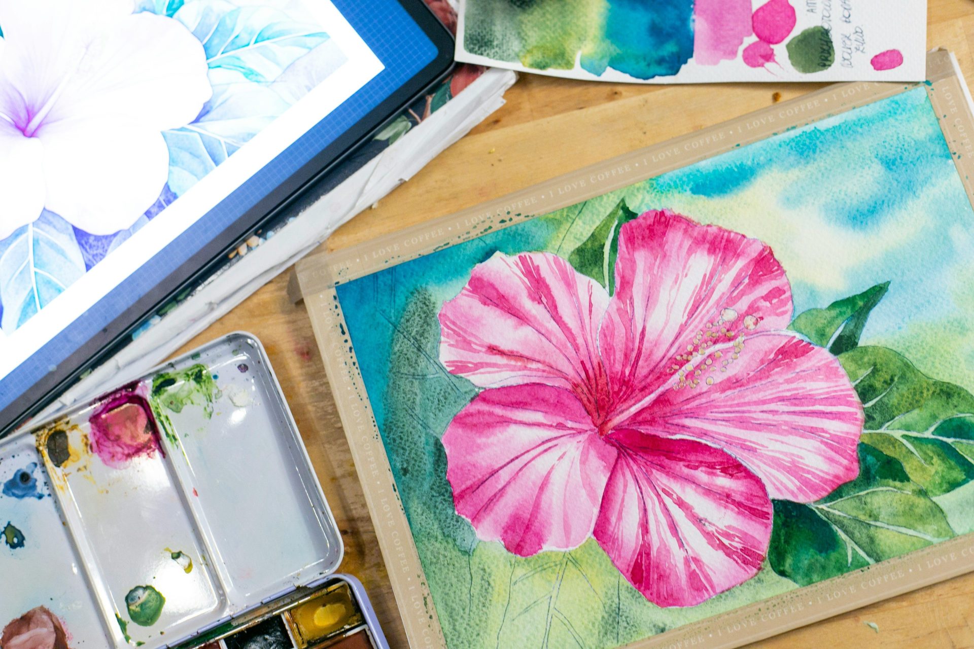 Watercolor painting of a beautiful hibiscus flower.
